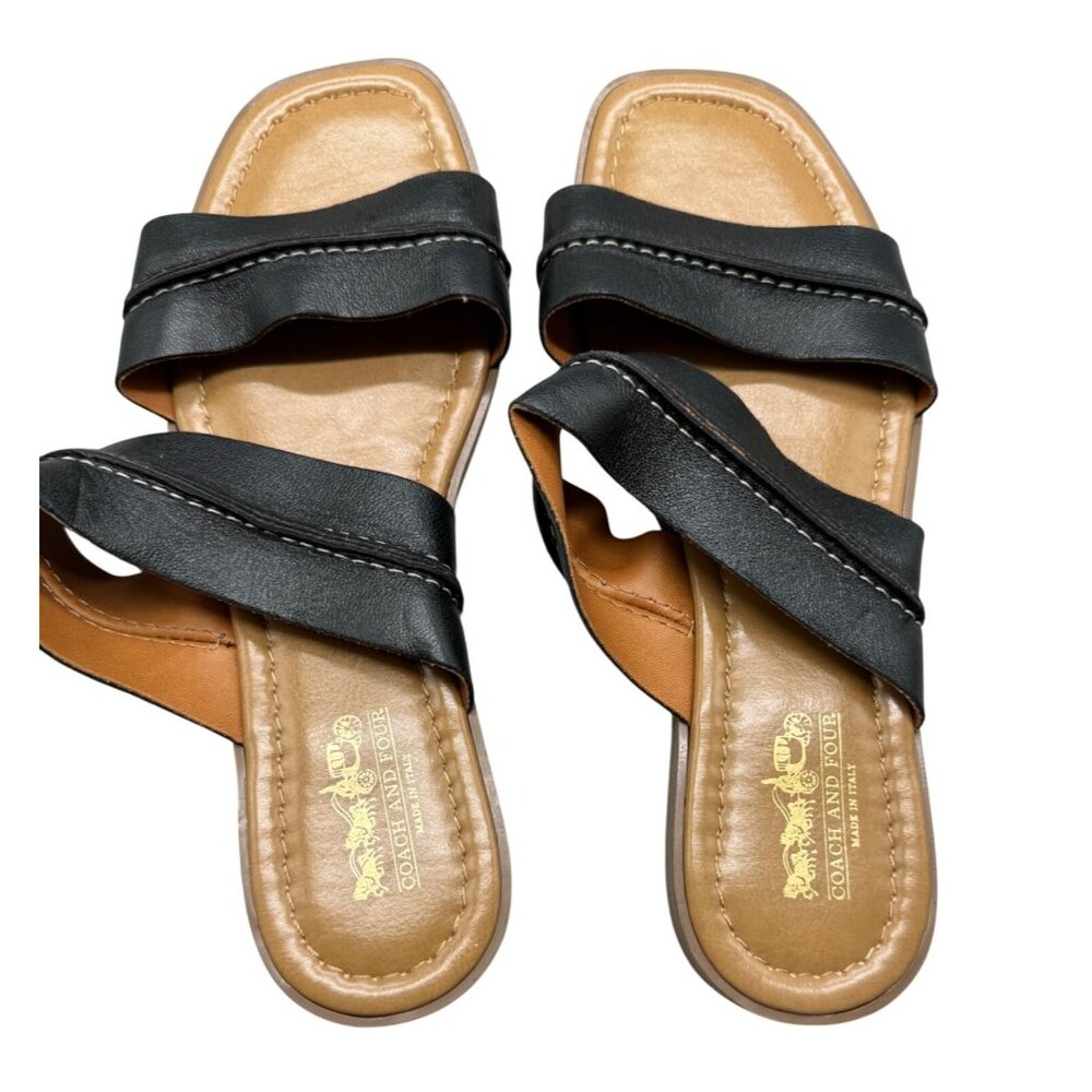 Coach & Four made in Italy Women's Black Leather Sandals Size 9 slip on READ